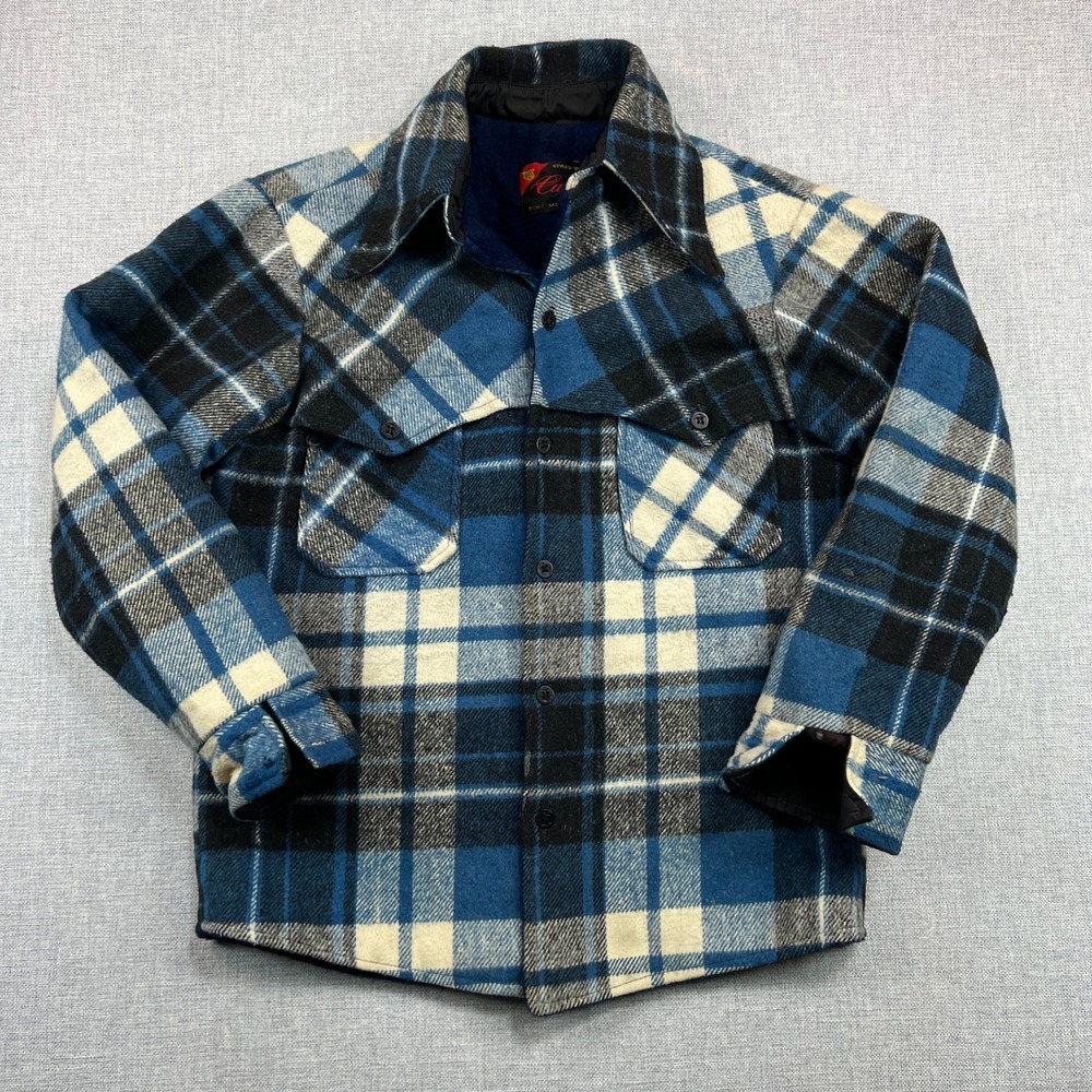 Vintage 70s Cabot Wool‎ Plaid Shirt Jacket CPO Men M/L Anchor Buttons Lined Blue